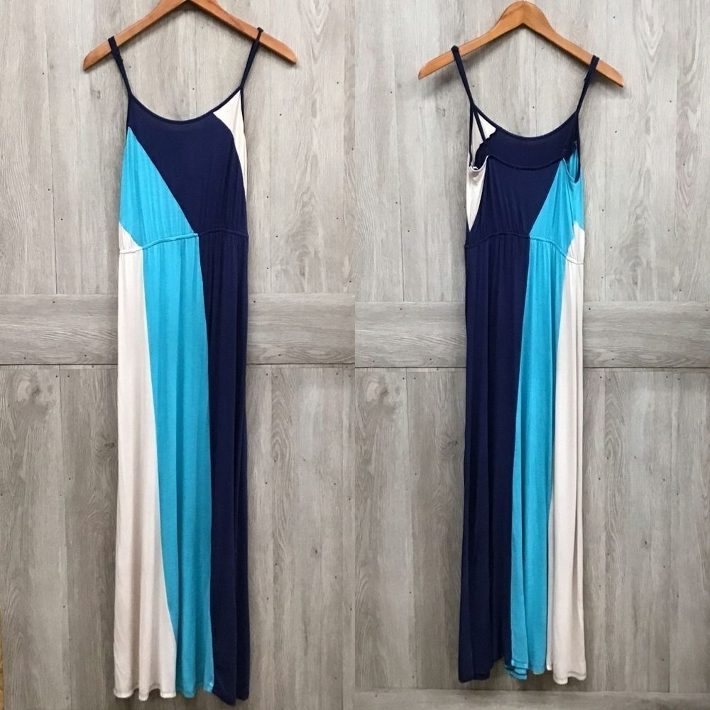 Blue Teal Cream Spaghetti Strap Maxi Dress BB194